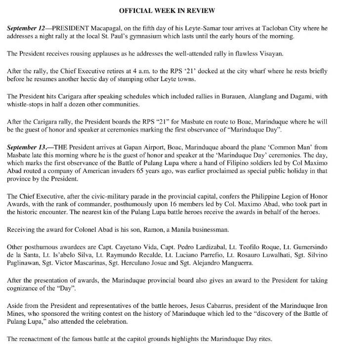 Alleged first observance of the Battle of Pulang Lupa with President Diosado Macapagal 1965. Some interesting details